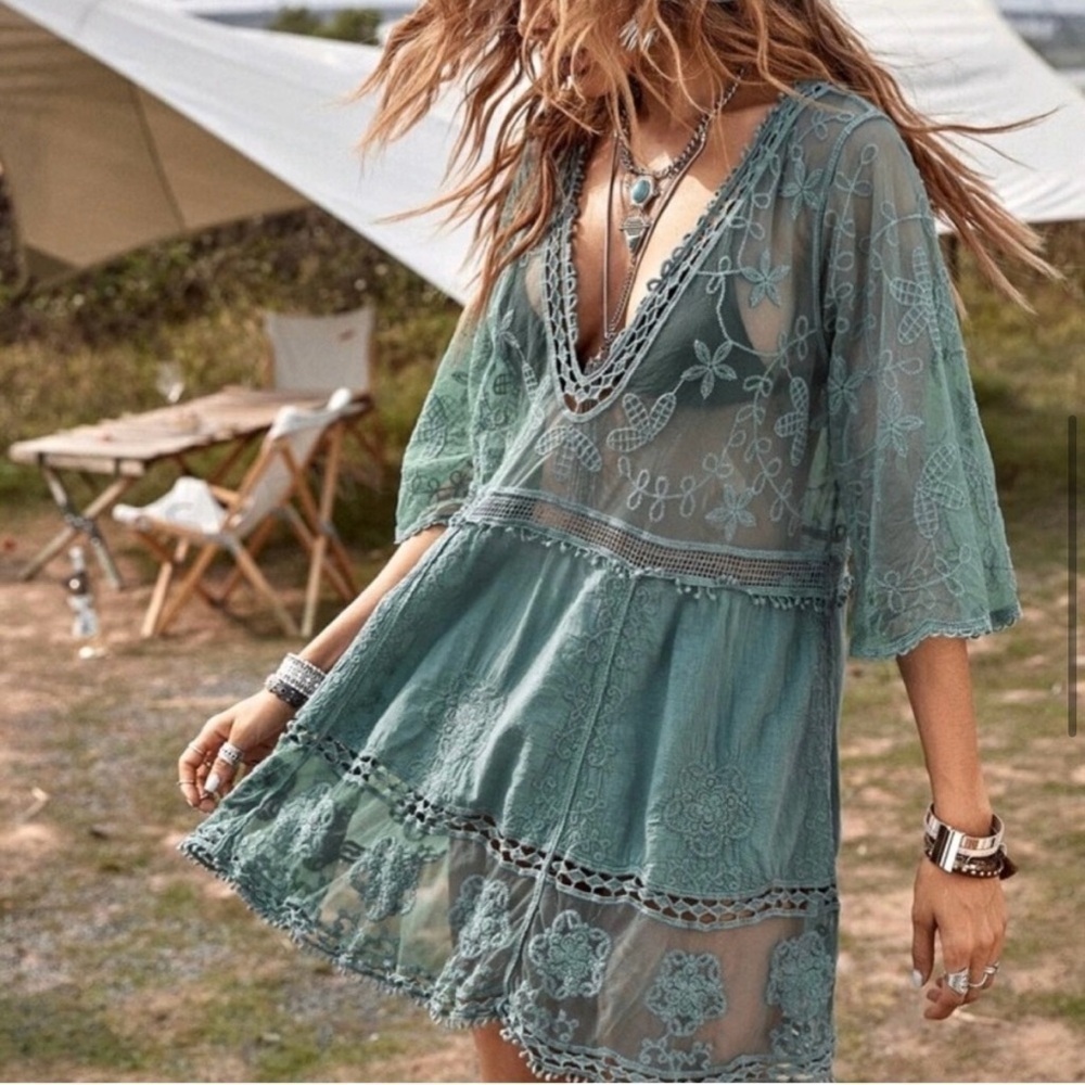 Boho Lace Green Swim Coverup | New Bohemian Lace Swim Coverup NWOT - Picture 3 of 8